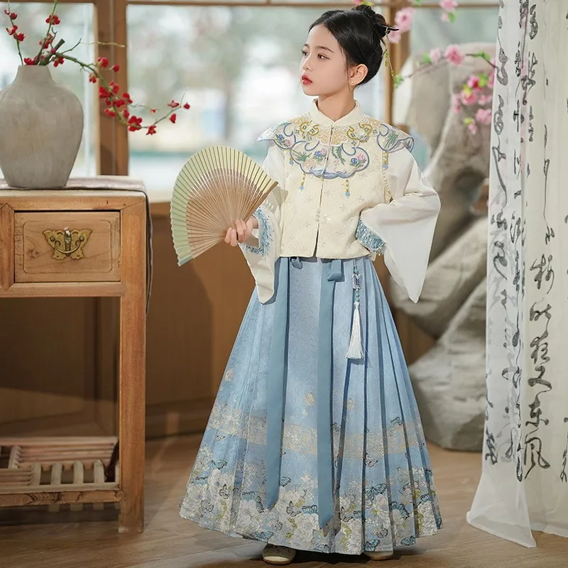 

Girls New Embroider Horse Face Skirt Kids Daily Chinese Tang Suit Hanfu Set Ancient Perform Dress Skirt For Baby Children