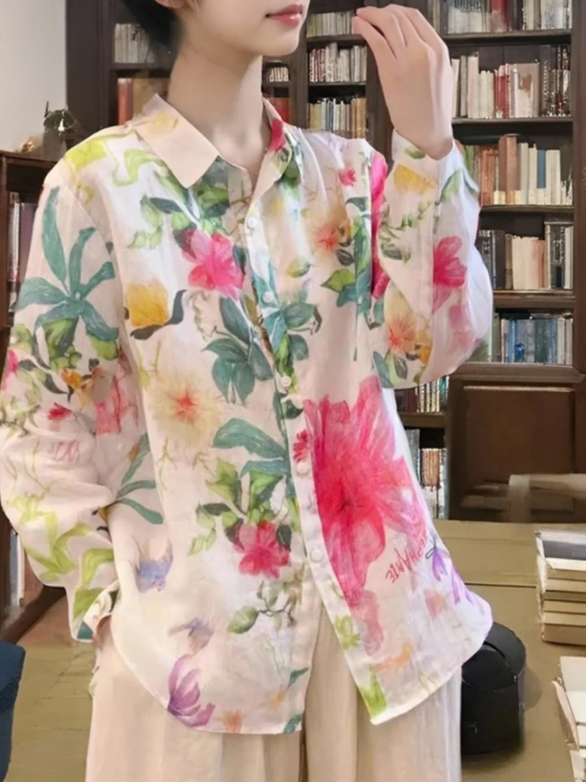

High Quali Linen Floral Print Women's irt Artistic Vintage Versatile Loose Fit Long Sve Button up Spring Summer Top