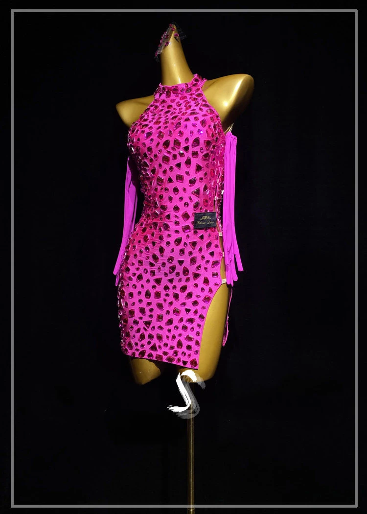 

Latin Dance Adult And Children'S Dress AB Stone High-End Custom Rose Red Crystal Flower Dress Cha Cha Tango Women'S Clothing
