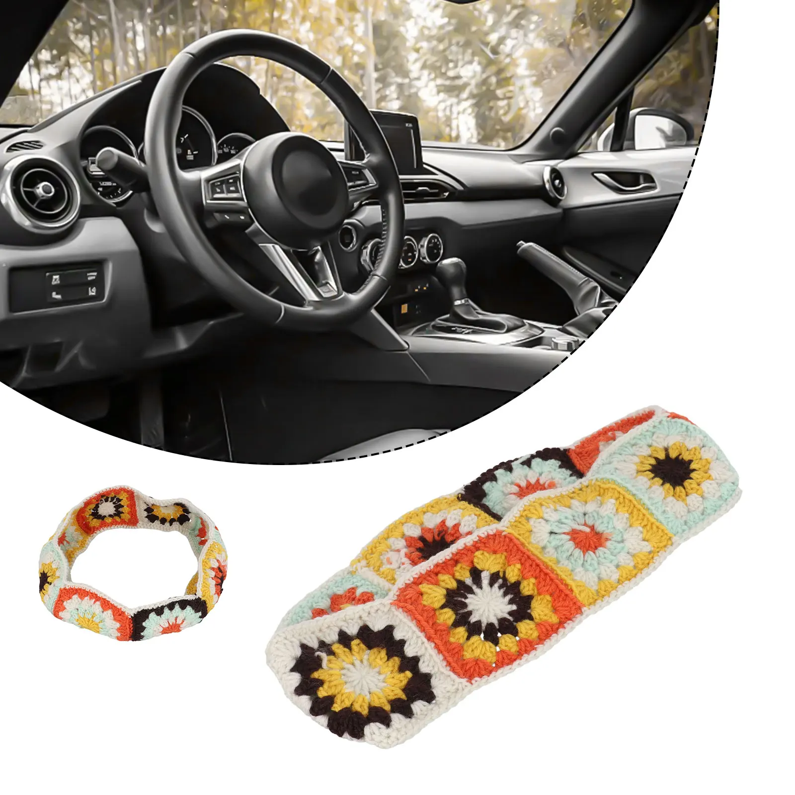 Granny Square Design Boho Car Interior Soft And Skin-friendly Comfortable Touch For 14-15 Inch Steering Wheels