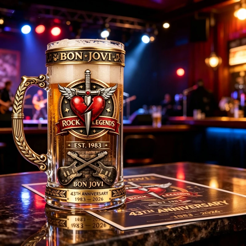 Bon Jovi 43rd Anniversary Commemorative Beer Stein Mug - Rock Legends Embossed Glass Cup for Fans
