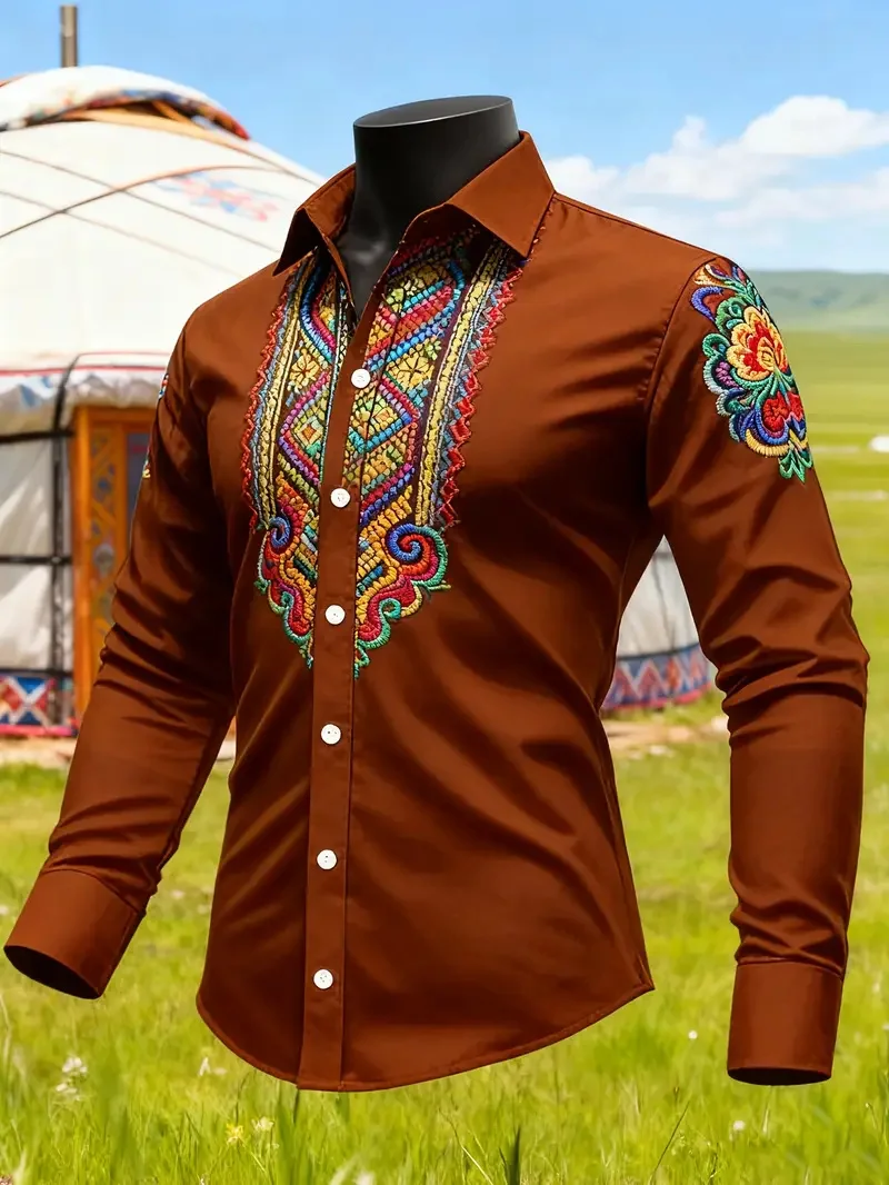 قميص رجالي فاخر مطبوع عليه ريش ثلاثي الأبعاد قميص كاجوال بأكمام طويلة، قميص عصري عالي الجودة