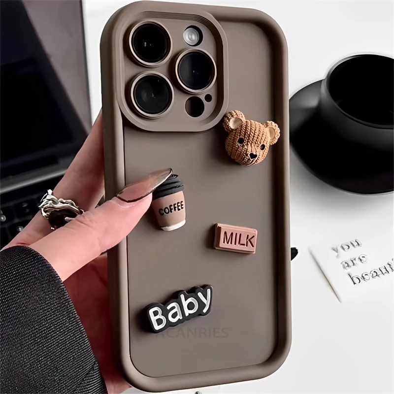 Cute 3D Bear Coffee Cartoon Silicone Case For Iphone 15 12 11 13 14 Pro Max 7 8 Plus X Xs Xr 15pro 14pro 15plus Soft Matte Cover