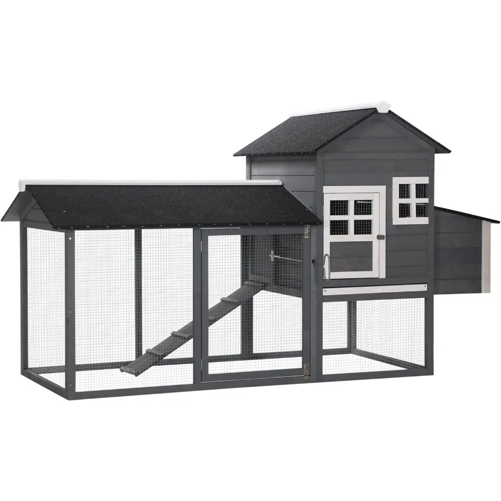 Wooden Chicken Coop Hen House Outdoor with Run Nesting Box Asphalt Roof Removable Tray