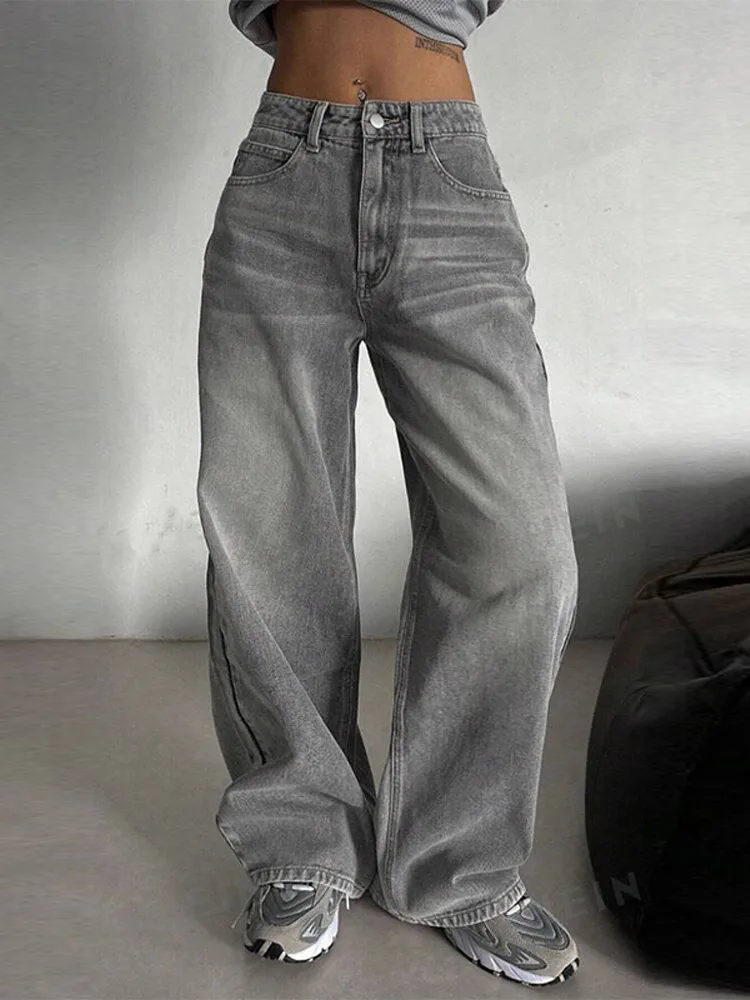 

Vintage Grey Women's High Waist Straight Leg Denim Jeans Pant Distressed Wash Pants For Woman Simple Casual Daily Trousers