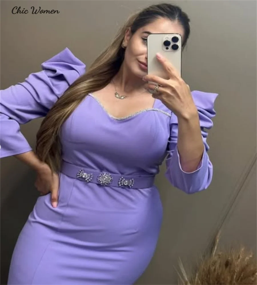 Simple Lilac Short Prom Dresses With Sleeves Chic Mermaid Midi Arabic Evening Dress Beaded Cocktail Holiday Party Customized