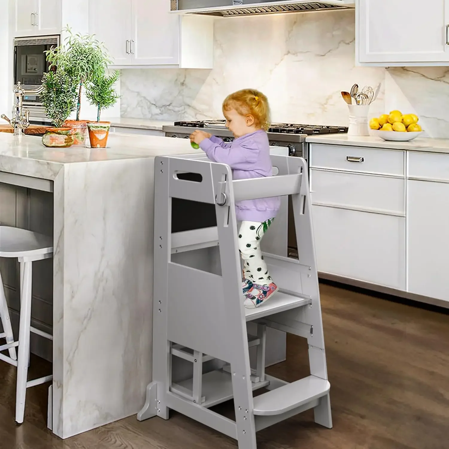 Bamboo Kids Step Stool Toddler Kitchen Learning Standing Tower Stool Helper 3 Adjustable Height for Bathroom & Kitchen Counter w