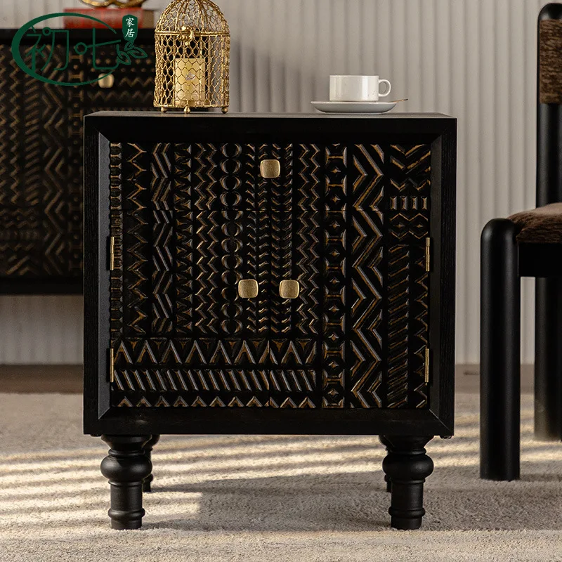 Retro black carving craft locker, bedroom with drawers, light luxury bedside table