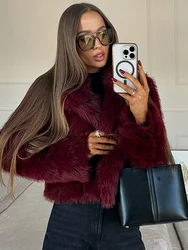 Burgundy Faux Fur Coat Vintage Long Sleeve Furry Warm Jackets Fashion Casual Women Coats 2024 Autumn High Street Lady Outerwear