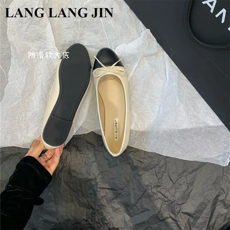 Fashion Round Toe Flat Casual Shoes Women Flats Ballet Female Bow Ballerinas Soft Moccasins Brand Black With Beige Classic Mujer