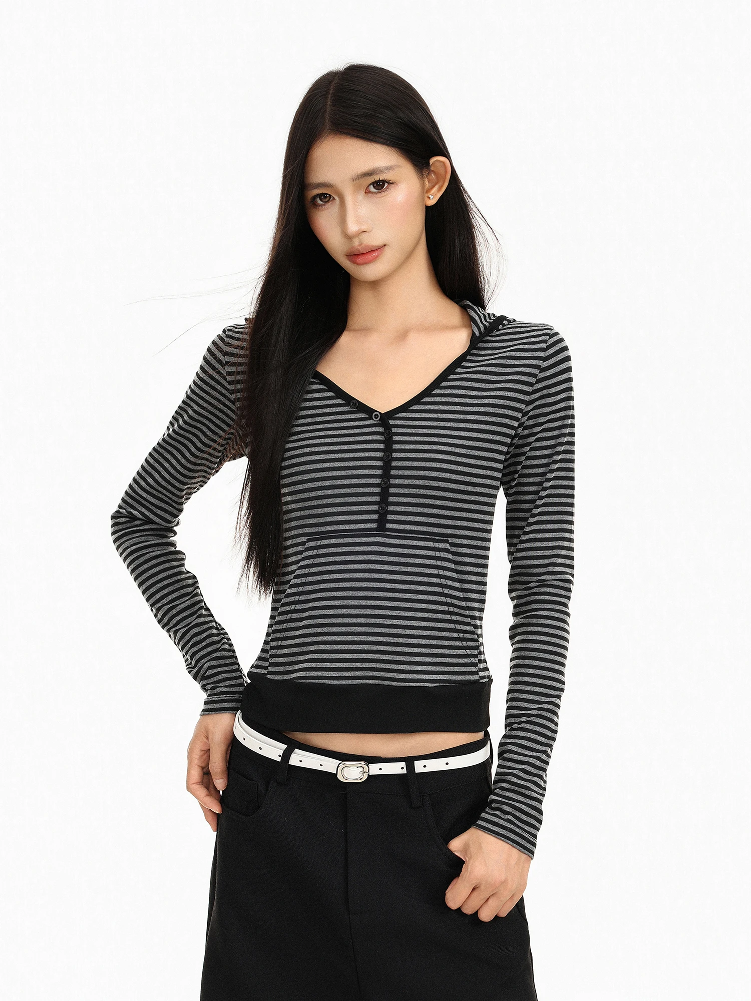 Slim Fit Short Sleeveless T-Shirt Women's Autumn Hot Girl Style V-neck Hoodie Striped Thin Section Exposing Belly Button Top