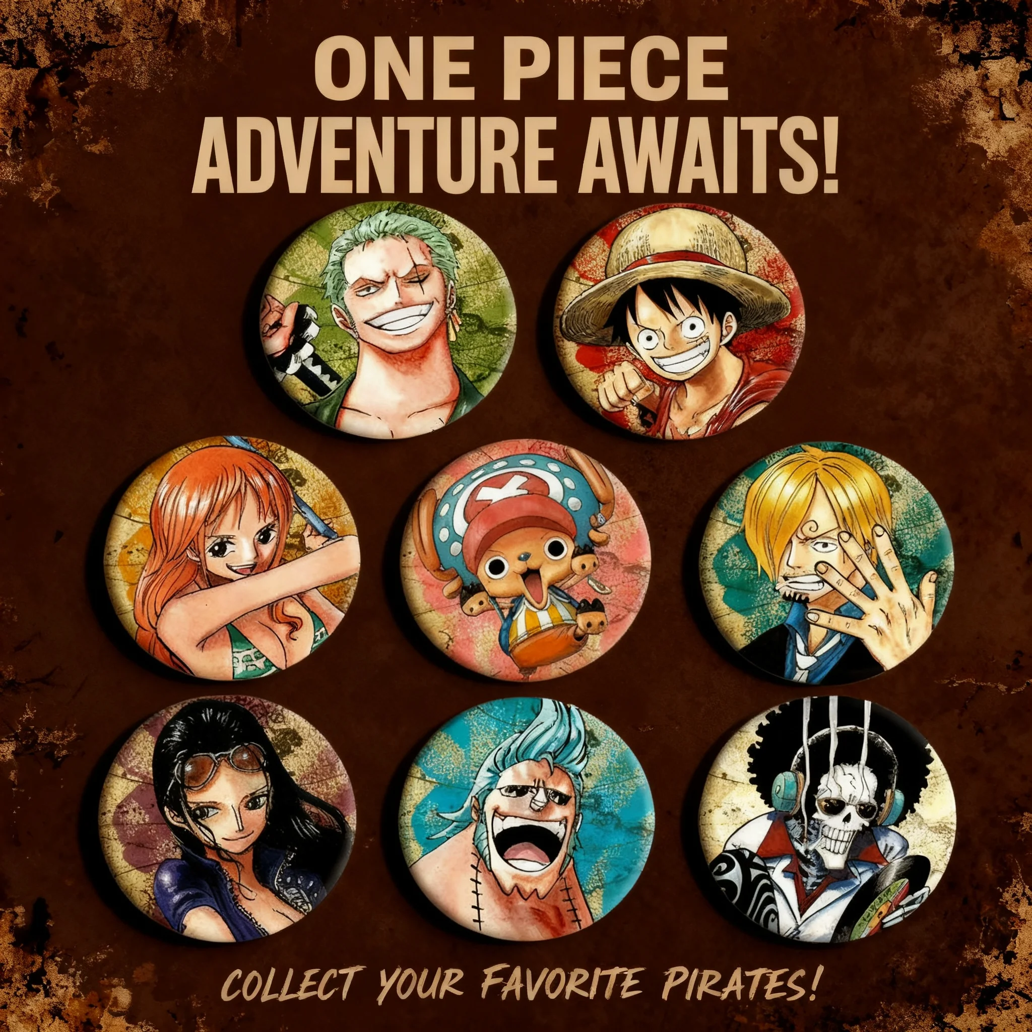 

Значок аниме One Piece: Луффи, Зоро, лазерный пин, круглая жестяная кнопка-брошь. Оптовые аксессуары для косплея, коллекционирования, подарков фанатам.