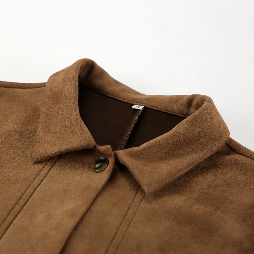 Casual Brown Lapel Pocket Suede Leather Jacket Woman 2024 Fashion Single Button Long Sleeve Coat Lady Autumn Street Outwear