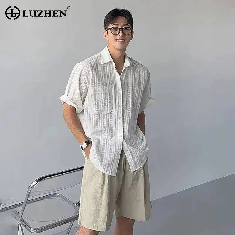 LUZHEN Handsome 2026 Design Summer Splicing High Quality Short Mesh Sleeve Shirts Men's Trendy Elegant Solid Color Tops JY8032
