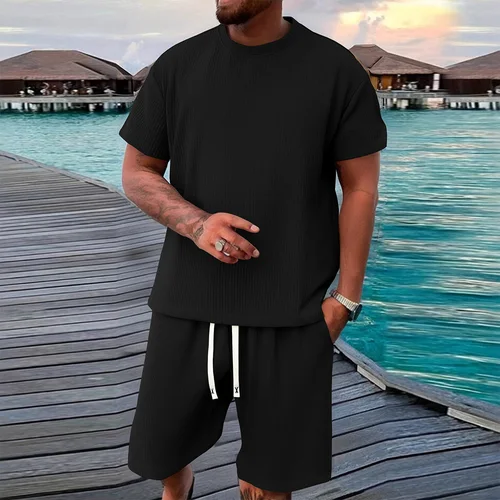 Imagen 2 del producto Conjunto de pantalones cortos de manga corta para hombre de 2 piezas, hecho de tejido jacquard adecuado para actividades físico, correr y ocio al aire libre