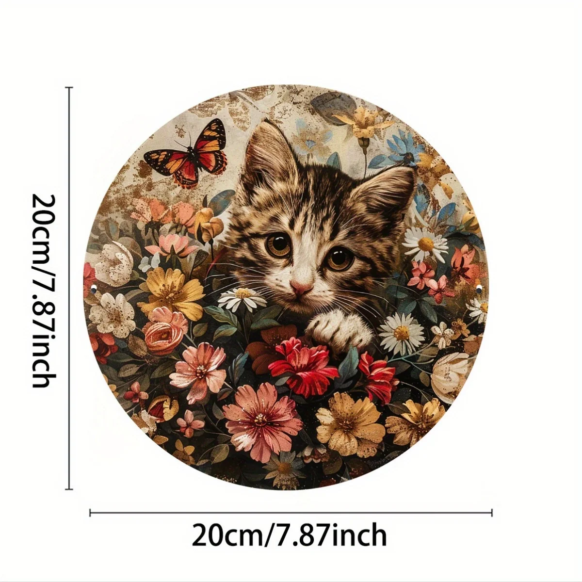 1. Vintage Floral Kitten Round Tin Plate 20CM Cute Cat Butterfly Pattern Metal Sign For Living Room Yard Wall Art Ornament Decor