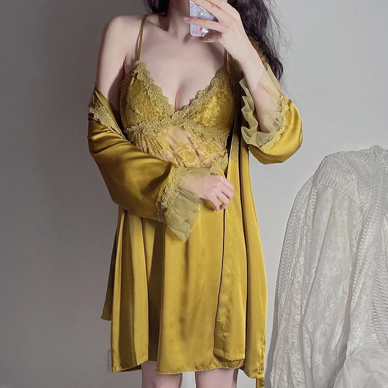 Set of 2 Pajamas Spring and Autumn Silk Beauty Back Nightgown Lace Hollowed-out Lace Breast Cushion Slip Nightdress Home Wear