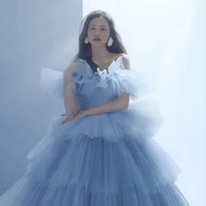 

Tube Top Light Wedding Dress Fashion 2025 Blue Pleated Fluffy Princess Party Dress Formal Dress Women Elegant Evening Dresses