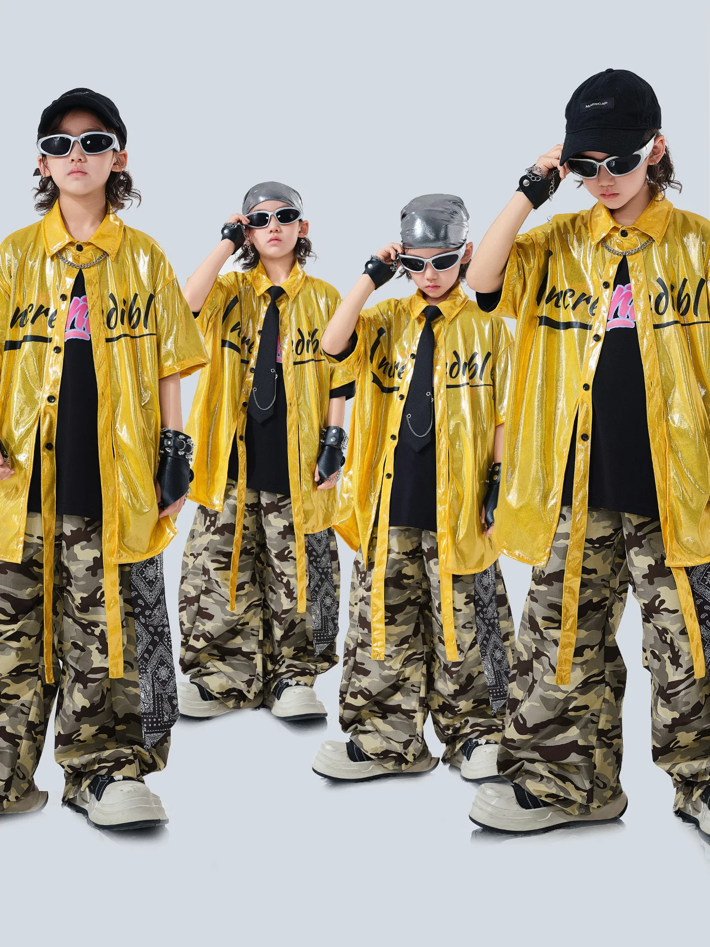 

Hip Hop Boys Bright Shiny Shirt Camouflage Pants Girls K-pop Streetwear Children Street Dance Costumes Kids Jazz Clothes Sets