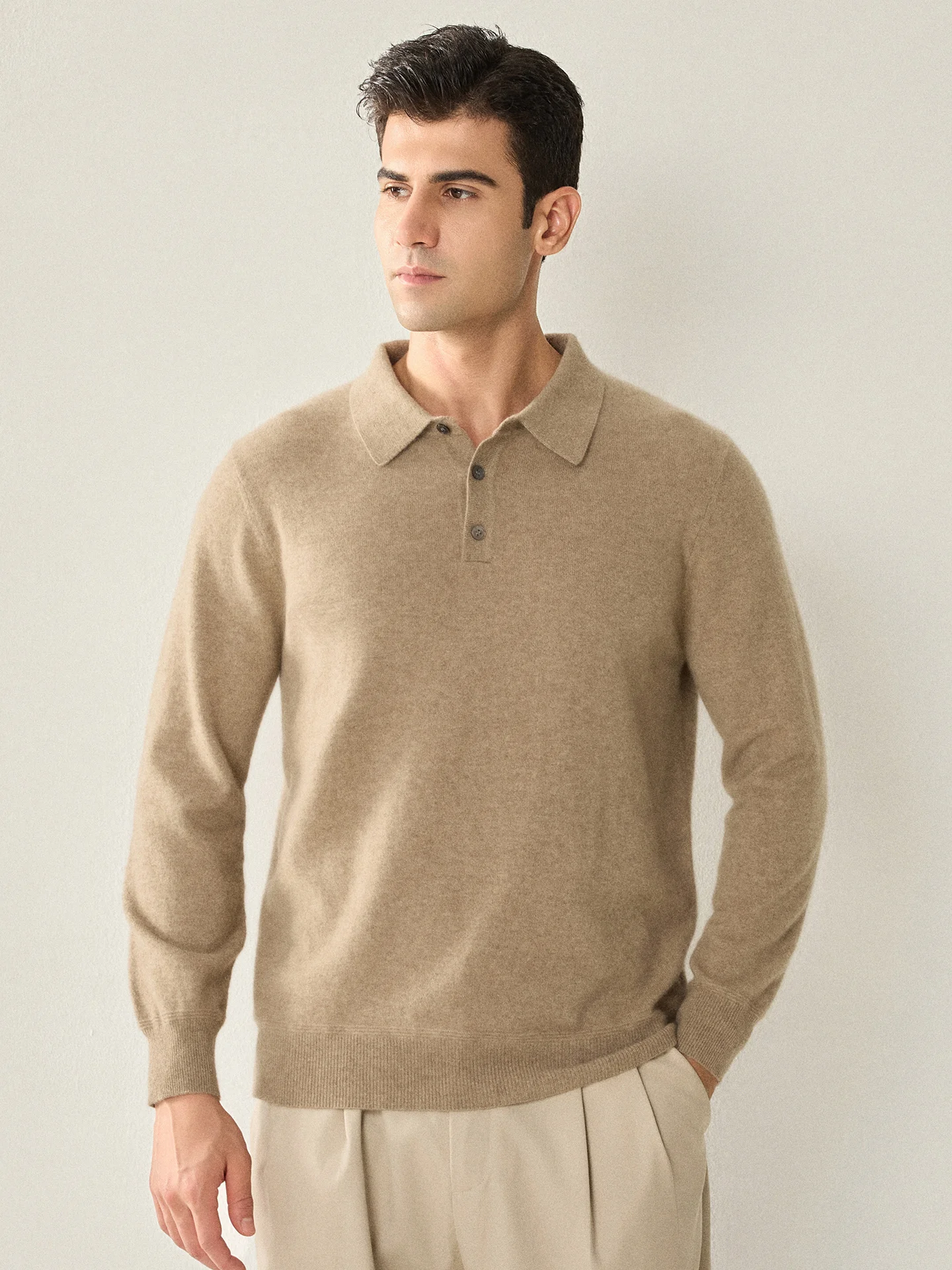 Autumn Winter 100% Baby Cashmere Pullover Sweater Men's Polo Collar Button Soild Long Sleeve Business Knitted Coat Light Luxury