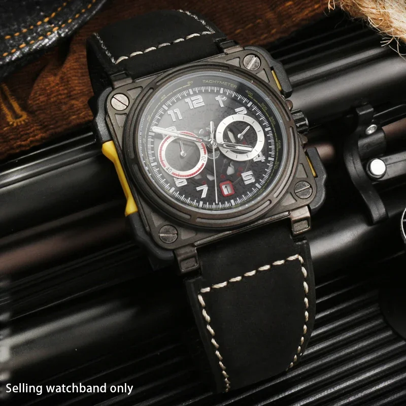 34*24 مللي متر نهاية محدبة جلد العجل الإيطالي حزام (استيك) ساعة لسلسلة الجرس BR01 BR03 حزام حزام الساعات سوار حزام روس المطاط الرجال #4