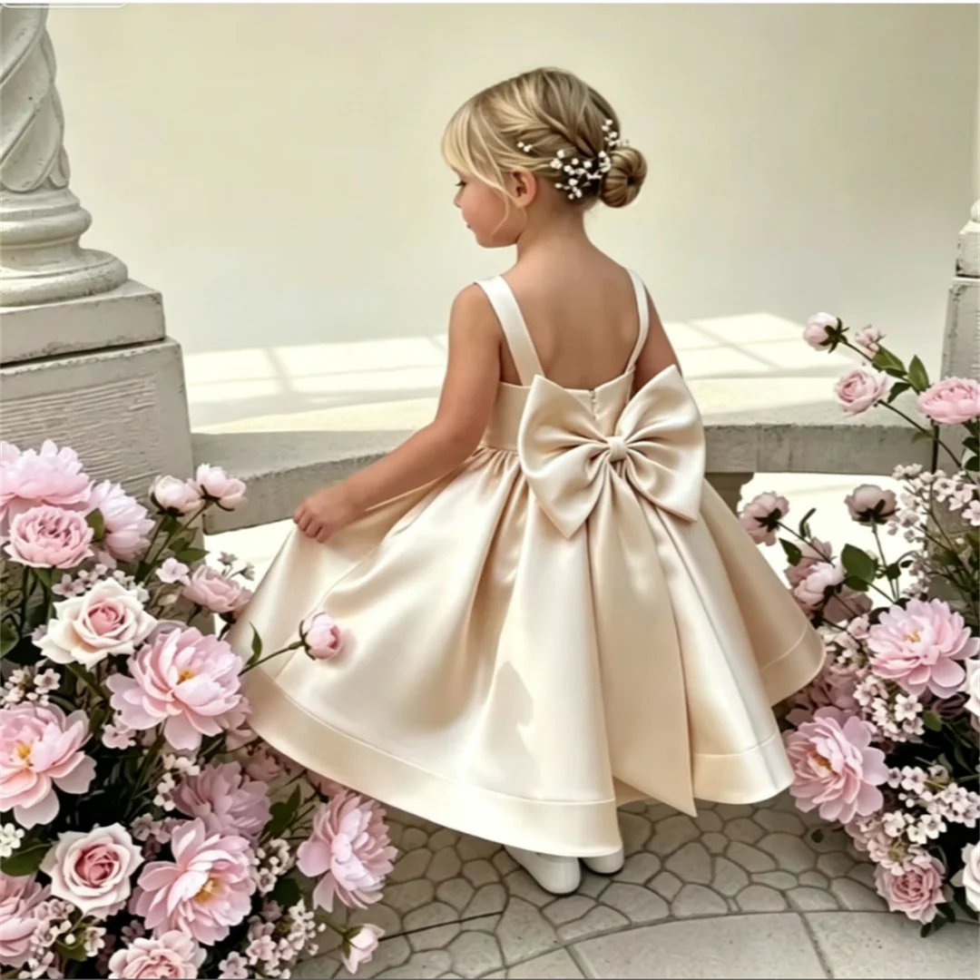 Satin Girl Birthday Party Dress Spaghetti Straps A Line Bows Kid Flowers Dress First Birthday Party Dress Infant Flower Girl