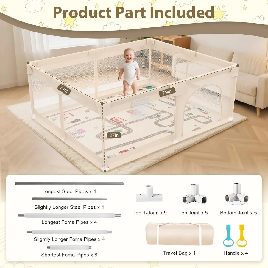Baby Playpen with Mat 79x71inch - Extra Large Play Pen for Babies and Toddlers Indoor and Outdoor Baby Playard with Soft Breath