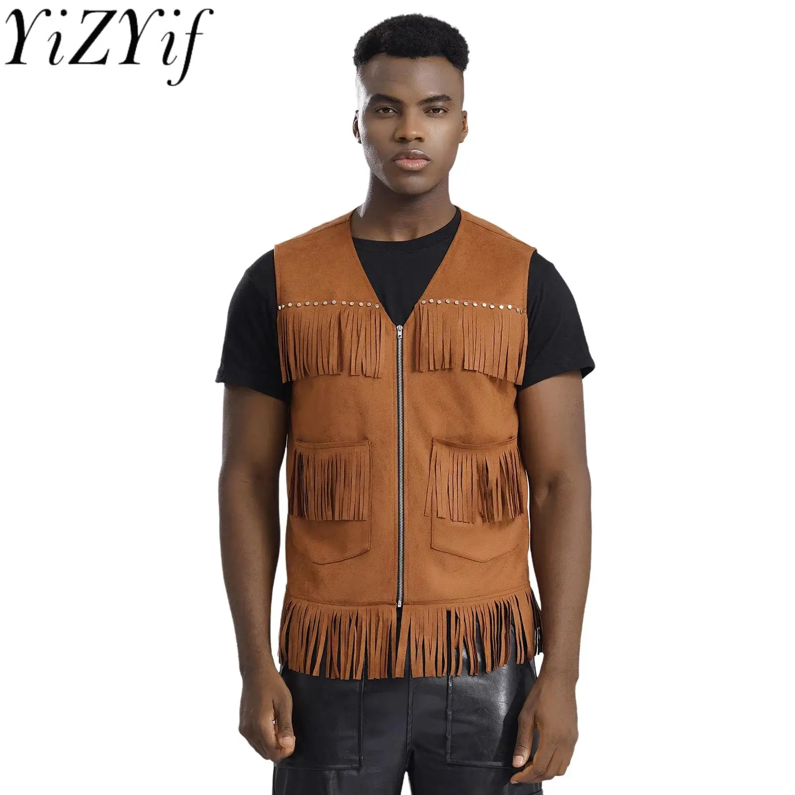 

Men Vintage Brown Cowboy Folkloric Cosplay Vest Waistcoats Sleeveless Tassels Western Cowboy Performance Cardigan Waistcoat
