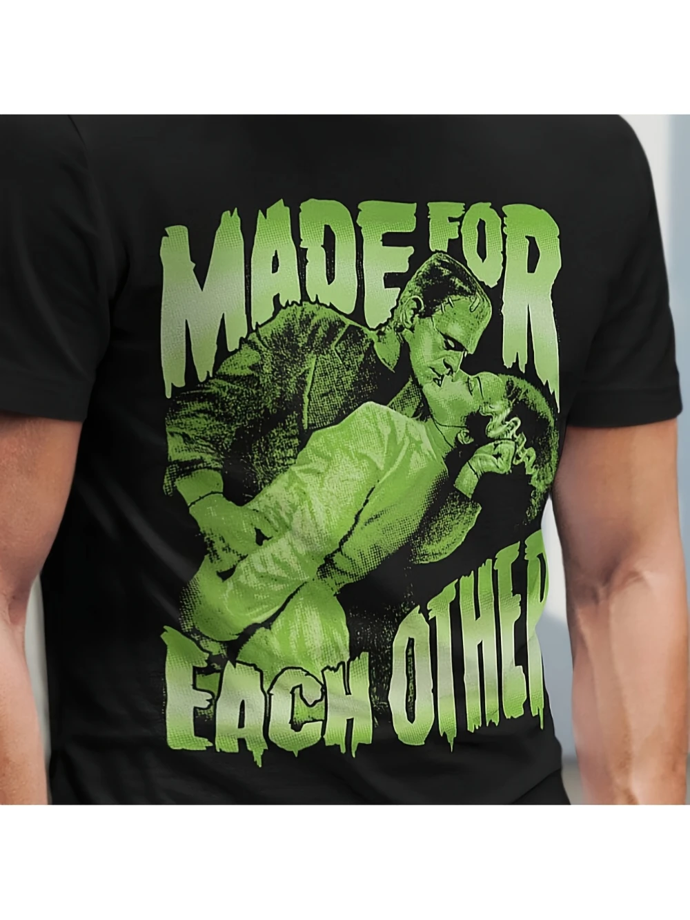 

Футболка «Невеста Франкенштейна» «Создано друг другу» с узором ужасов и неоново-зеленым принтом, унисекс, всесезонная чистая футболка