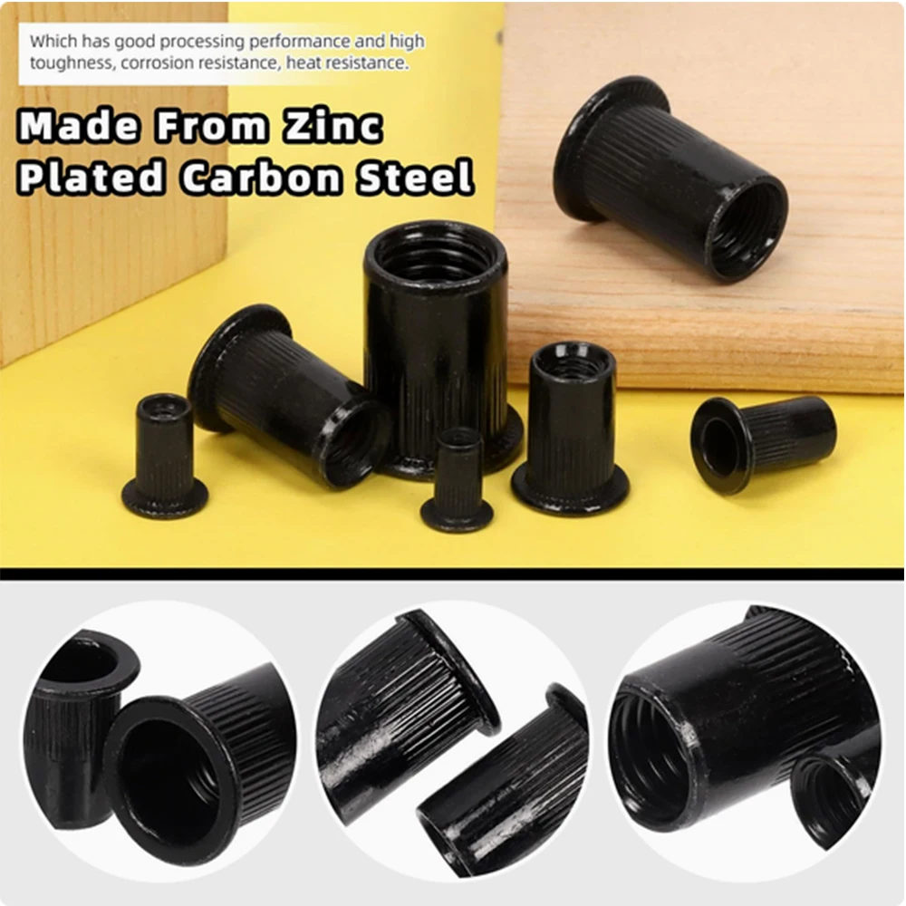 Black Carbon Steel Flat-Head Rivet Nuts Vertical Groove Through-Hole Cylindrical Blackened Iron Rivet Nuts M3 M4 M6 M8 M10
