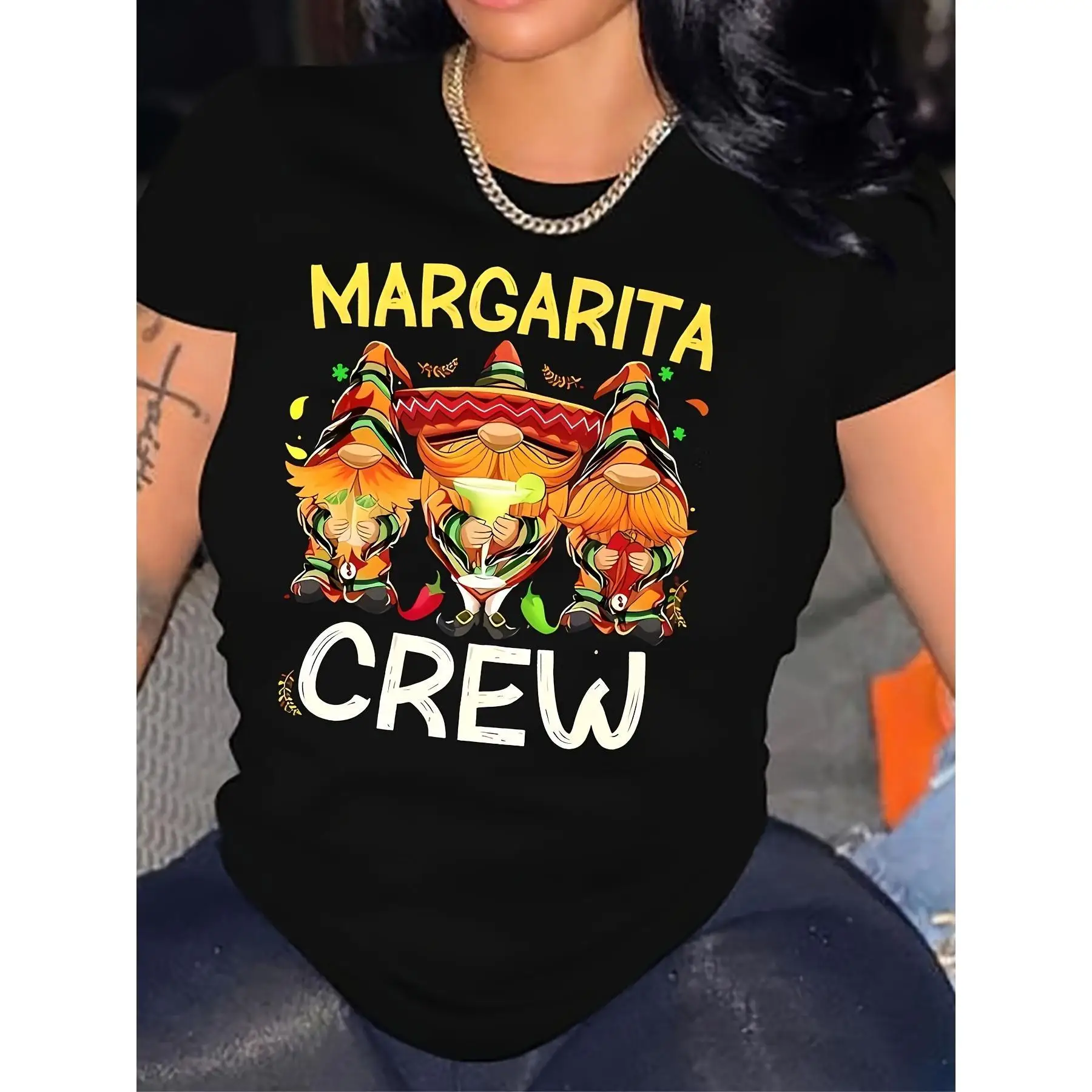

Margarita Crew T-Shirt, Funny Gnome Graphic Tee, Mexican Cinco de Mayo Party Tops, Tequila Lover Gifts for Women Men