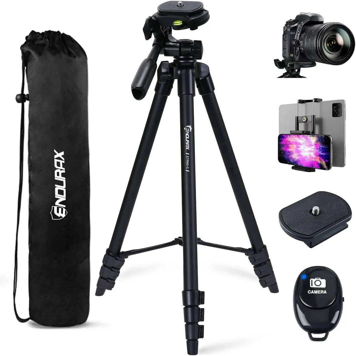 60'' DSLR Camera Tripod with Phone Tablet Mount and Remote, Black Travel Stand for Canon Nikon