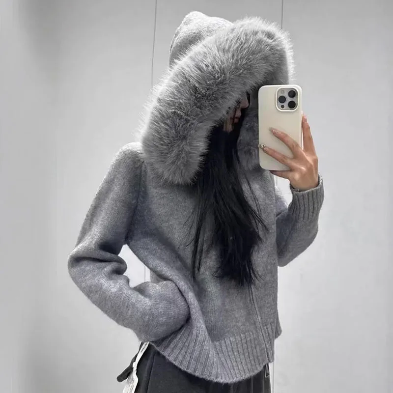 Korean Autumn and Winter Knitted Cardigan Women's Loose Casual Versatile Long Sleeved Fur Collar Hooded Sweater Jacket Women