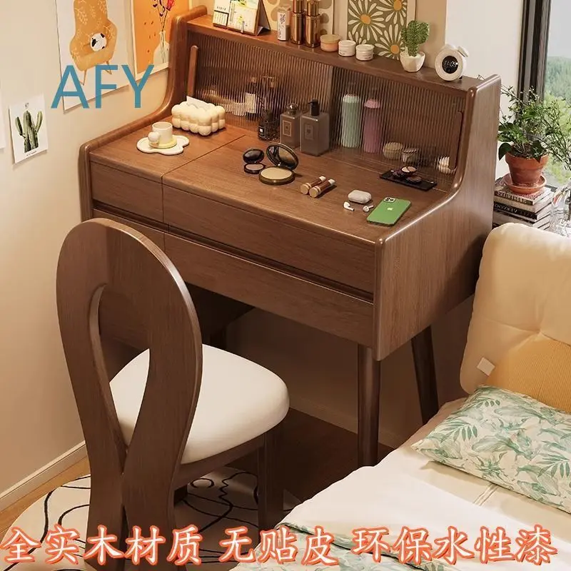 Wood Dressing Table with LED Light Storage Makeup Desk Vanity Mirror All in One Flip Top Multi Function Organizer Cabinet for