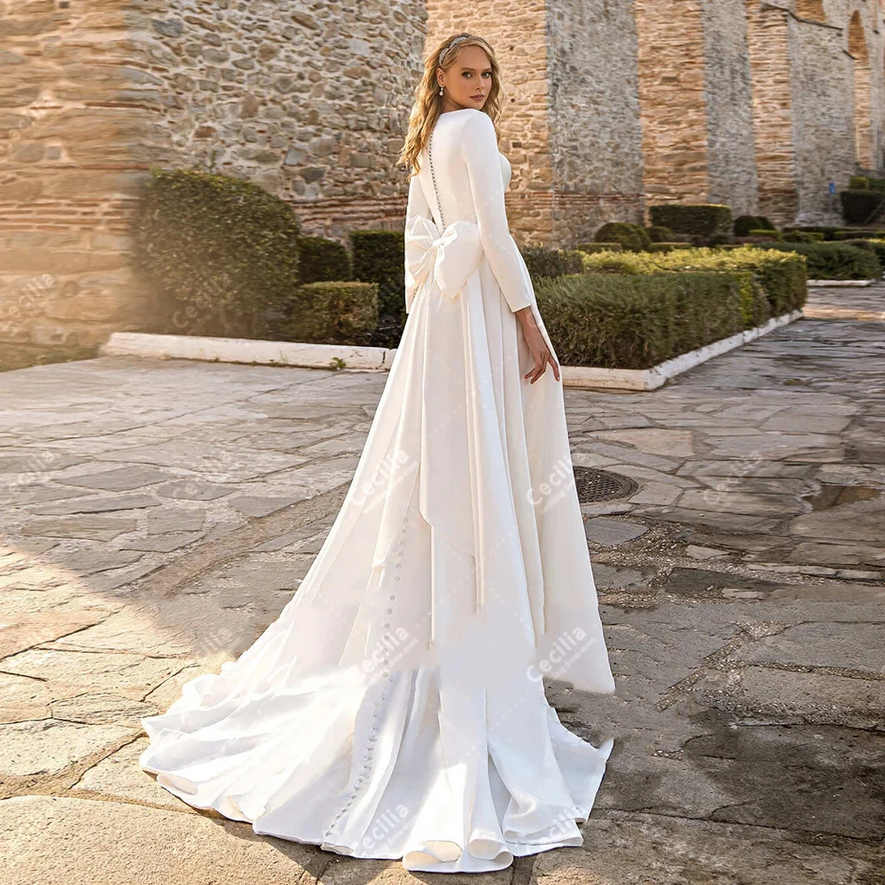 Modest Wedding Dresses Satin Bridal Gowns Full Sleeves Robes O-Neck Sweep Train Robes Graceful Vestidos De Novia Customized 2025