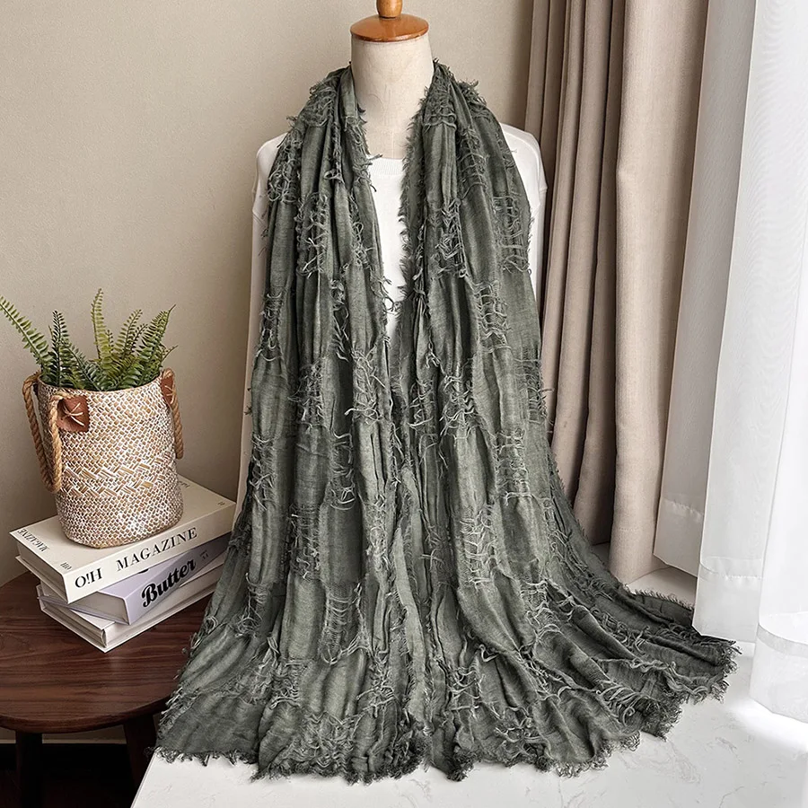 Fashion Wasteland Style‌ Cotton Scarf Dirty Dyed Wrinkled Scarves Damaged Hole Long Shawl Retro Autumn Winter Beggar Scarf