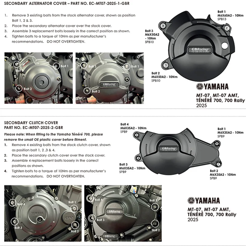 ملحقات الدراجات النارية GBRacing حزمة حماية المحرك الثانوي وأغطية القابض لياماها 2025 MT-07 AMT/Ténе 700