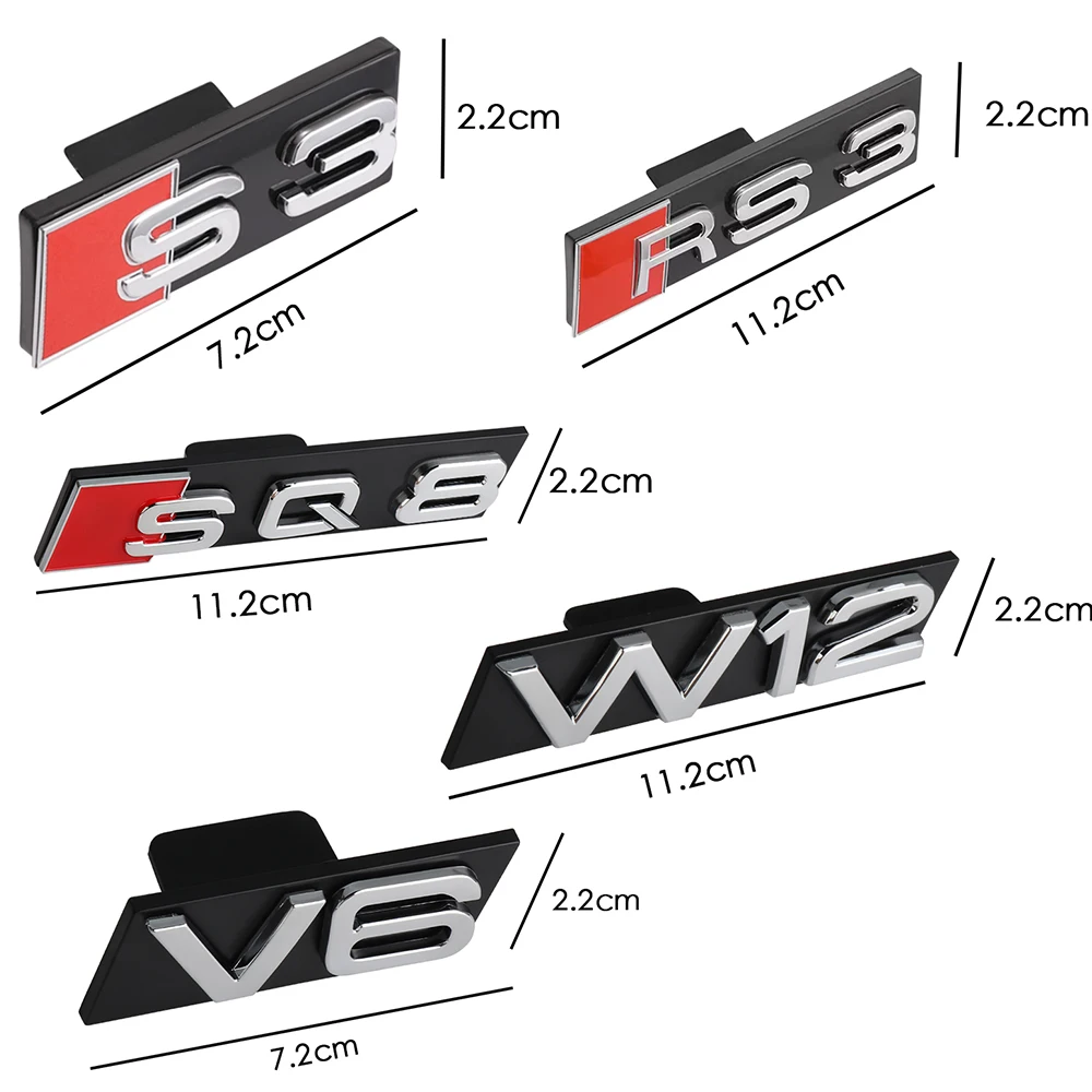 For Audi S3 S4 S5 S6 S7 S8 RS3 RS4 RS5 RS6 RS7 RS8 W12 V6 Car Front Grill Badge Sticker 3D ABS Chrome Black SQ3 SQ5 SQ7 SQ8 Logo