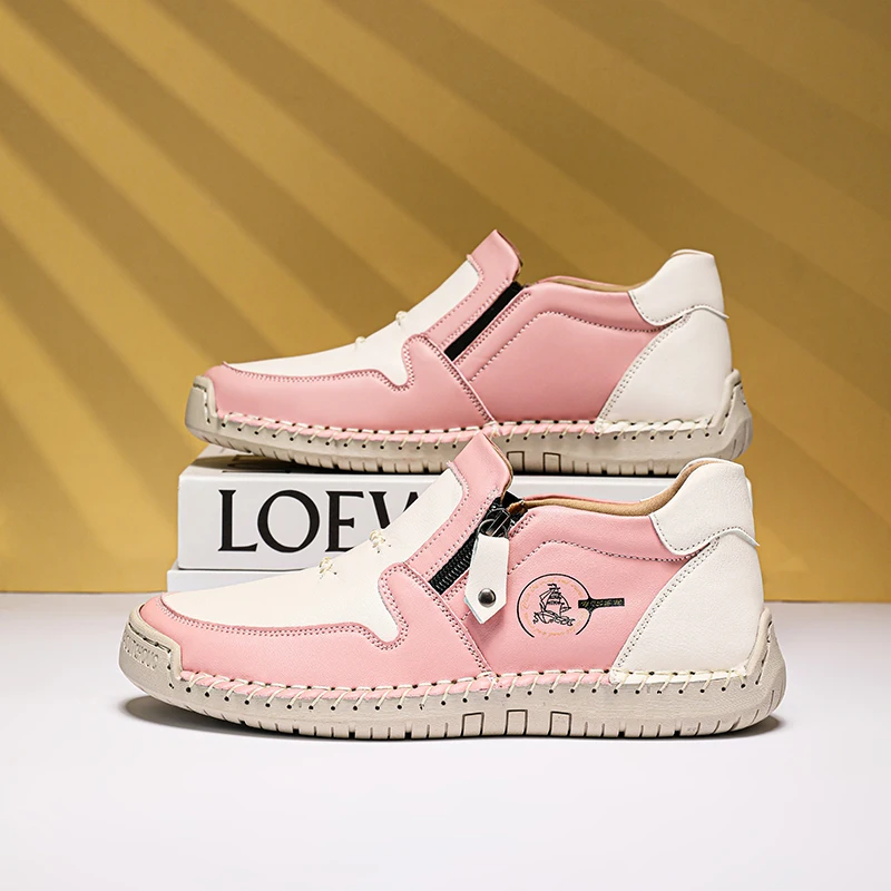 Women Slip On Casual Shoes Side Zipper Autumn Winter Hand Stitched Loafers Soft Leather Walking Flats Plus Size EU36-44