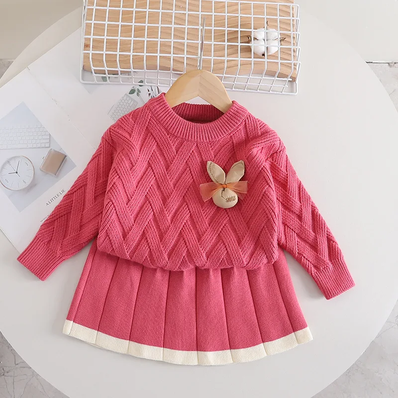 

Knitted Suit Autumn Children Suits Kids Girls Casual 2 Pieces Sets Knitting Sweater+Pleats Skirt Baby Girls Baby Clothes Sets