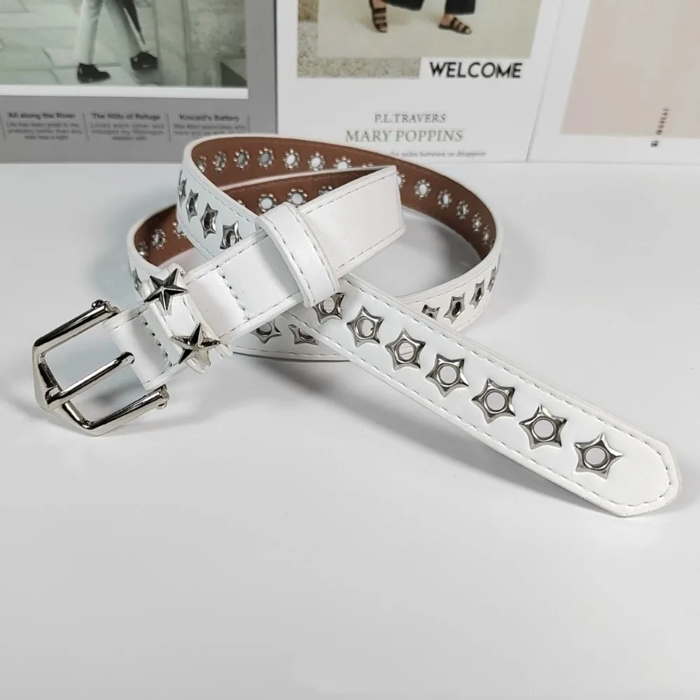 نجمة الثقوب Y2K ستار أحزمة وسط بولي Leather الجلود مشبك معدني المرأة حزام البنطال الجينز فاسق الزخرفية الفاخرة الفتيات برشام حزام الإناث #1