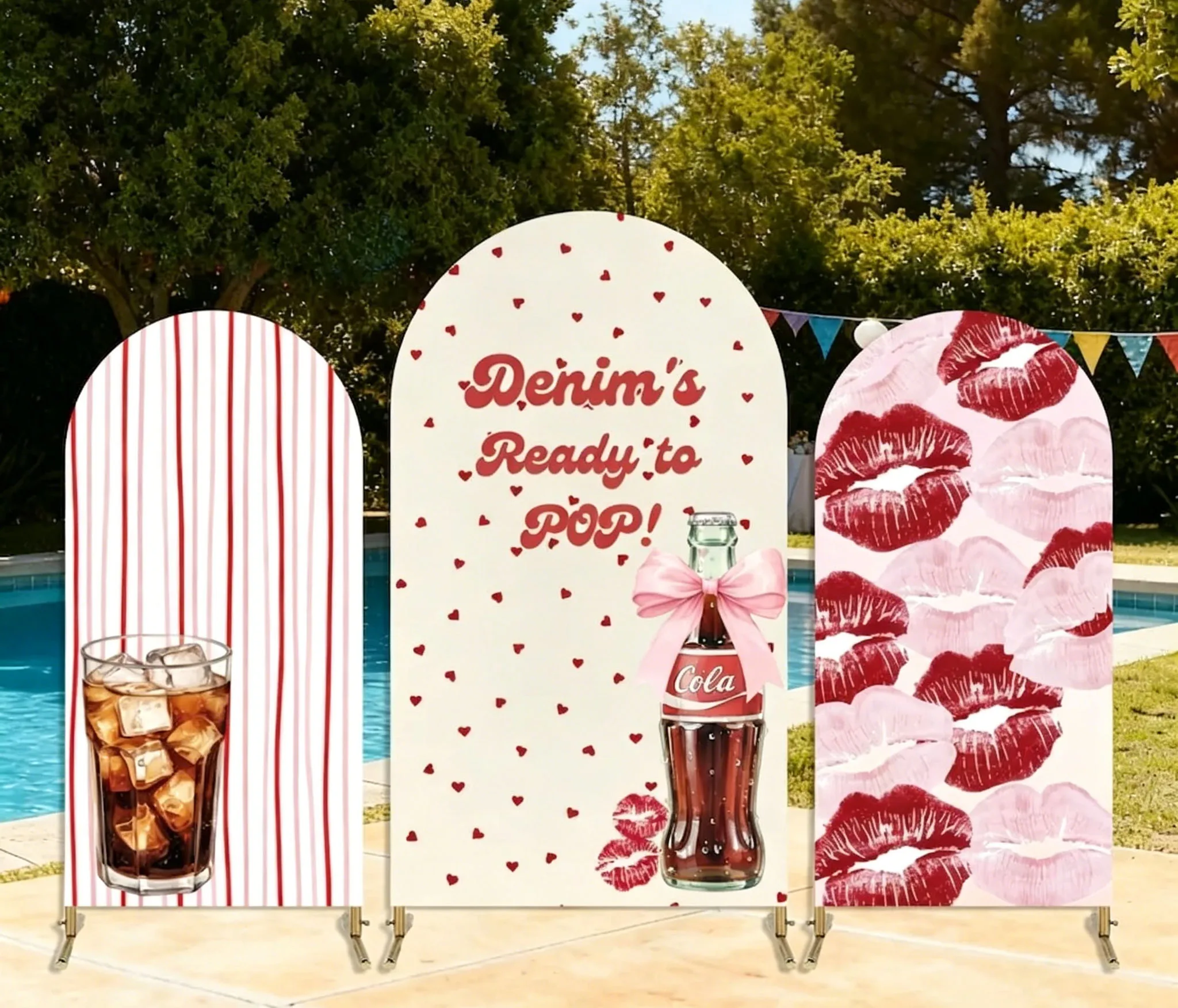 Custom 2-Side Cola Baby Shower Arch Backdrop Cover Red Stripe Red Kiss Bow Heart-shaped Birthday Party Decor Backdrop Photo