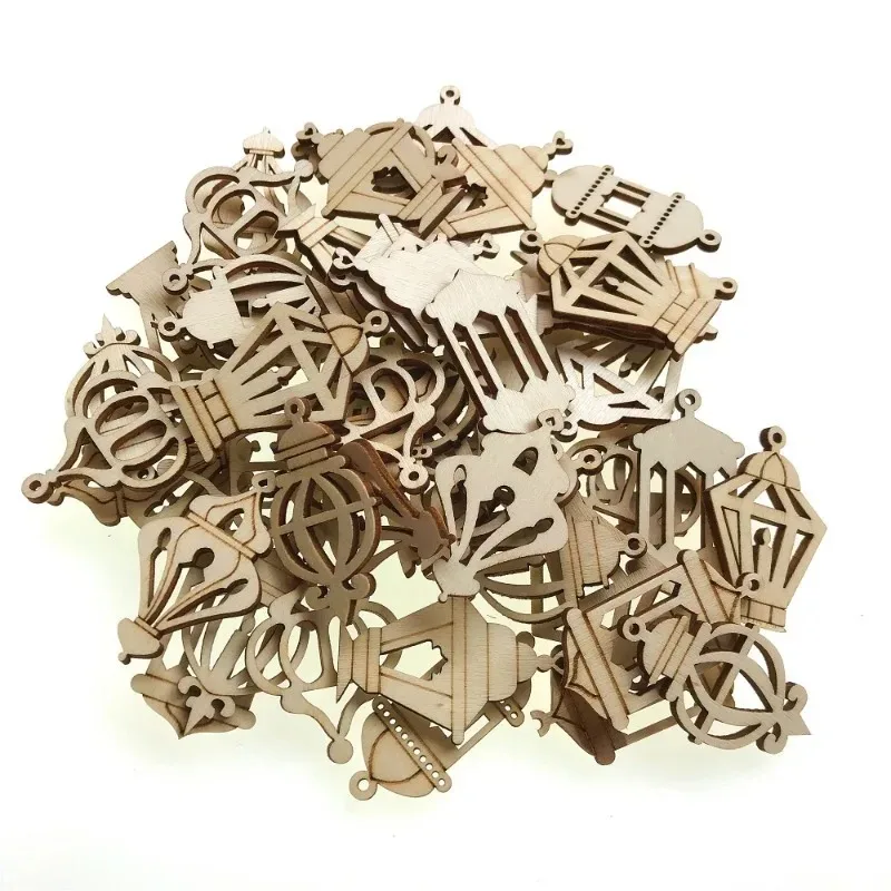 50pcs Lantern Theme Undyed Wood Cutout Charms Hollow Lamp Candle Light Wood Slices for DIY Painting Art Craft Home Embellishment