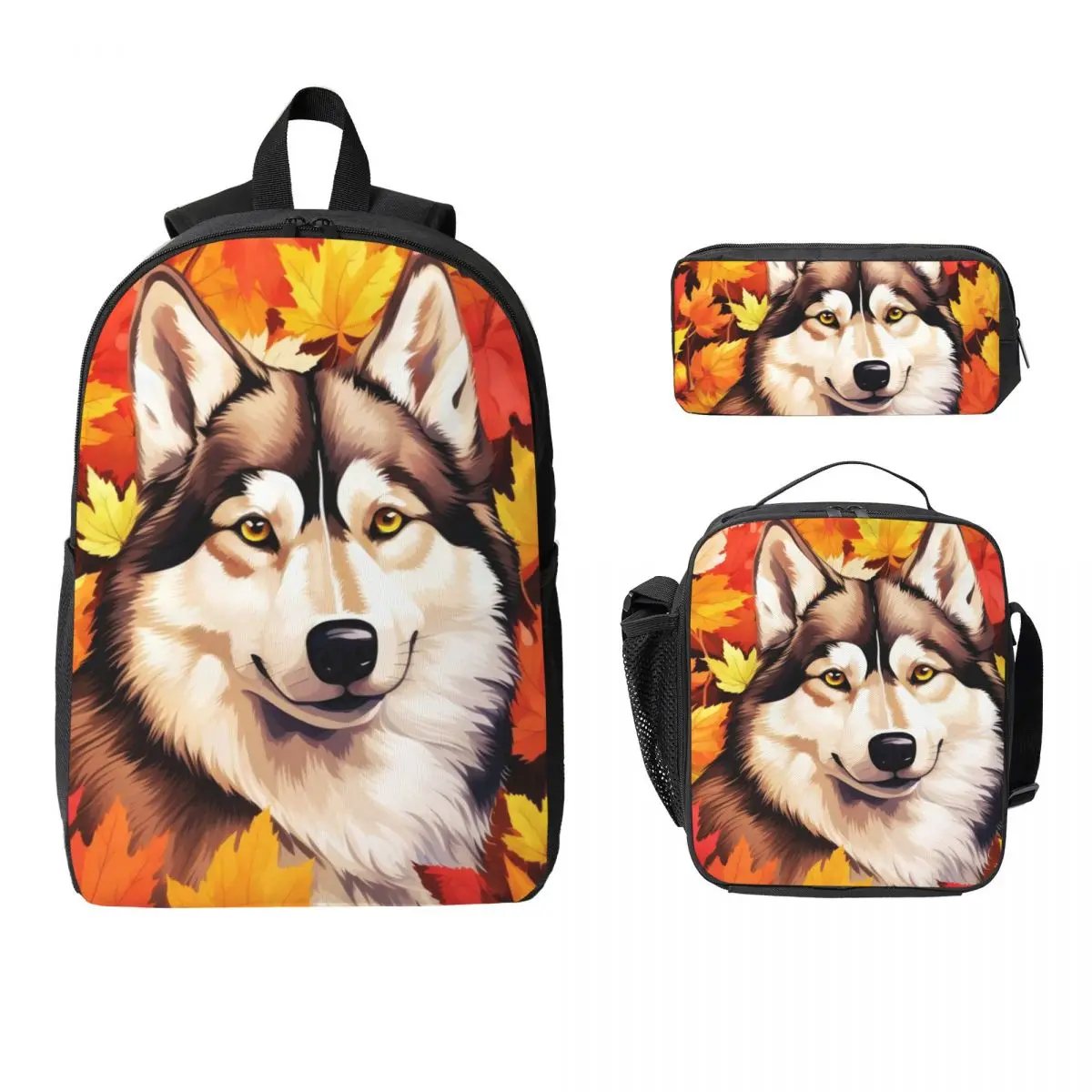 

Autumn Fall Siberian Husky Dog Backpack Boys Girls BookBag School Bag Computer Shoulder Bags 3ps Insulated Lunch Bag Pencil Case