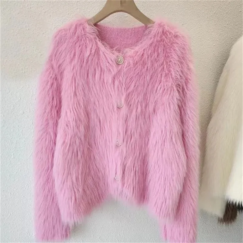 Imitation Mink Fleece Knitted Cardigan Sweater Coat Women\'s Autumn and Winter Wear Thickened Sweater 2024 New Short Popular Soft