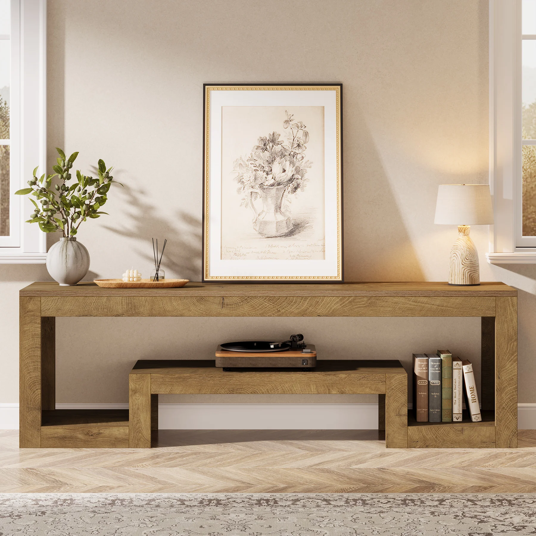 Meuble TV Tribesigns 63 pouces pour téléviseurs de 55/60/65/75 pouces, centre de divertissement style farmhouse avec étagères ouvertes, meuble TV pour salon, chambre, noir