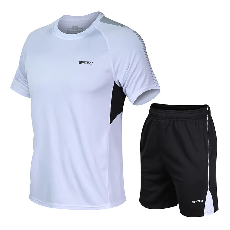 Summer Running Suit Men Quick Drying Breathable Plus Size Sports Set Loose Casual Fitness Short Sleeve Sportswear Two Pieces Set