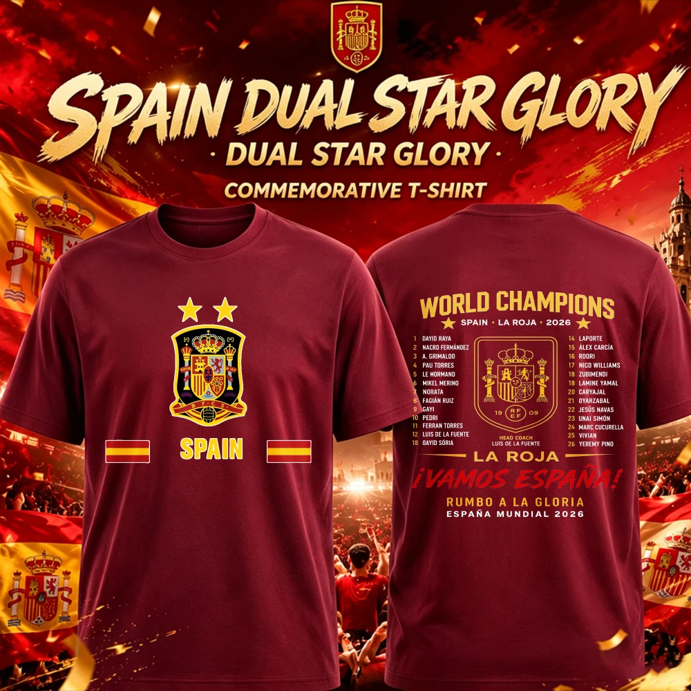 Camiseta España Futbol 2026 Cotton T Shirt La Roja Espana National Football Team 2 Star Badge Fan Casual Supporter Commemorative