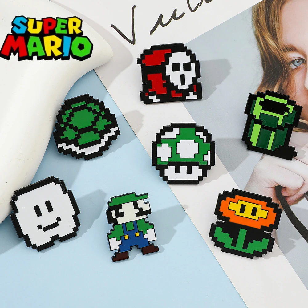 

Super Mario Brooch Kawaii Metal Badge Luigi Mushroom Clouds Cartoon Pixel Style Badge Anime Accessory Gift for Kids Toy