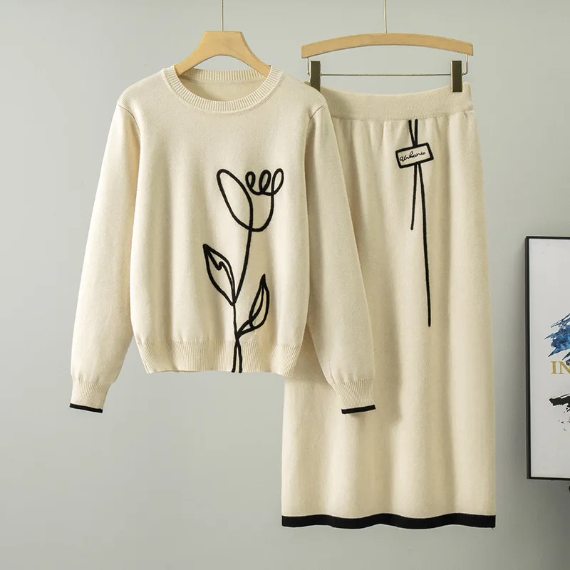 

Корейский элегантный вязаный комплект из 2 предметов, женский трикотаж с цветочным принтом, пуловер, однотонный свитер, топ, весенне-осенние юбки с высокой талией, наряд B585